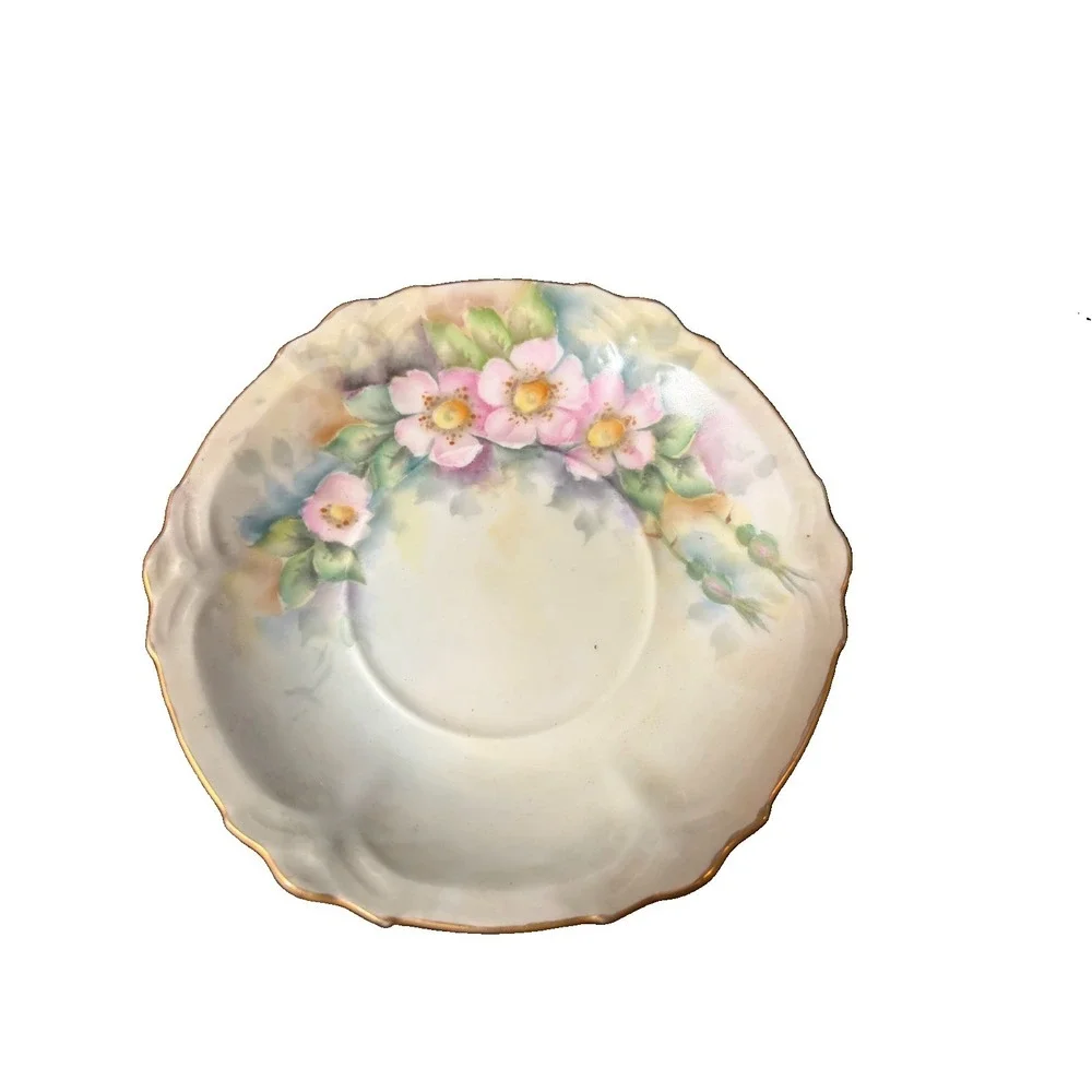Vintage Japan Footed Teacup Saucer Pink Floral Openwork Pedestal Gold Handle